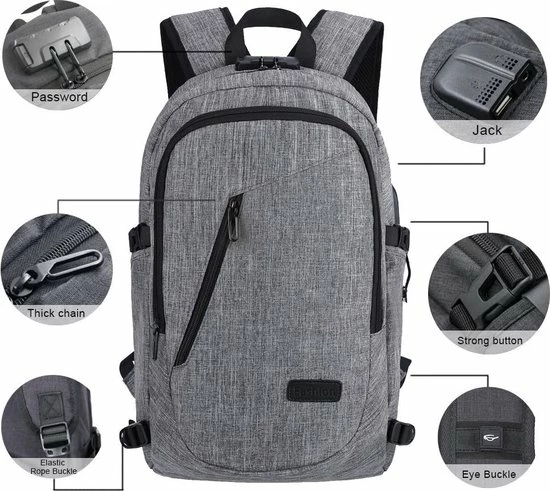 Beste Verkoop 🌟 IGOODS - USB Computer Rugtas Met Lader - Waterdicht - Met Sleutelcode - 15,6 Inch - Grijs 🔥 9 Beste Verkoop 🌟 IGOODS - USB Computer Rugtas Met Lader - Waterdicht - Met Sleutelcode - 15,6 Inch - Grijs 🔥 - Afbeelding 7