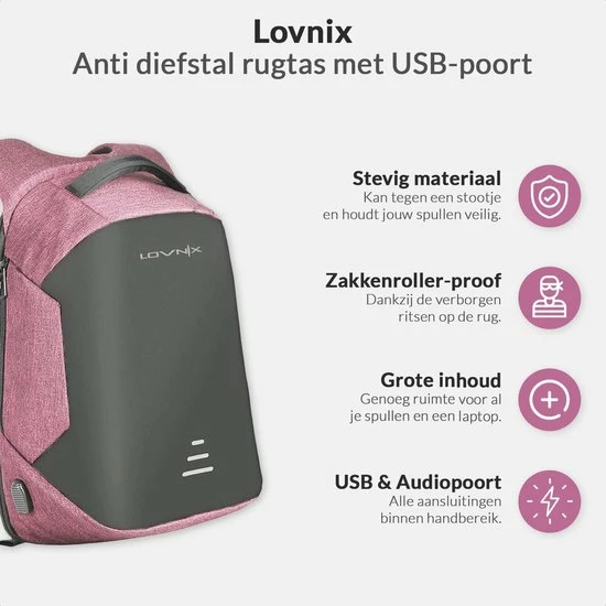 Gloednieuw ๐คฉ Anti Diefstal Rugzak Inclusief Usb Oplaadstation - Geschikt Voor Laptop - Anti Theft En Spat Waterdicht| Lovnix Bag104 | Roze โจ 4 Gloednieuw ๐คฉ Anti Diefstal Rugzak Inclusief Usb Oplaadstation - Geschikt Voor Laptop - Anti Theft En Spat Waterdicht| Lovnix Bag104 | Roze โจ - Afbeelding 2