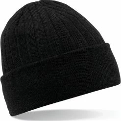 Begroting ❤️ Beechfield Heren/Dames Beanie Thinsulate Wintermuts 100% Acryl Wol Zwart - Warme Basic Mutsen - Dubbel Dikke Stof ✔️