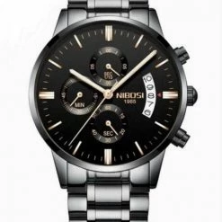 Goedkoop 🔥 NIBOSI Horloges Voor Mannen - Luxe Zwart Op Zwart Design Bronzen Wijzers - 42 Mm - Geschenkset 👍